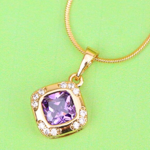 "Purple Cushion Stone Pendant in Gold Plated Brass with Crystal Halo, XPPT1770 - Picture 1 of 13